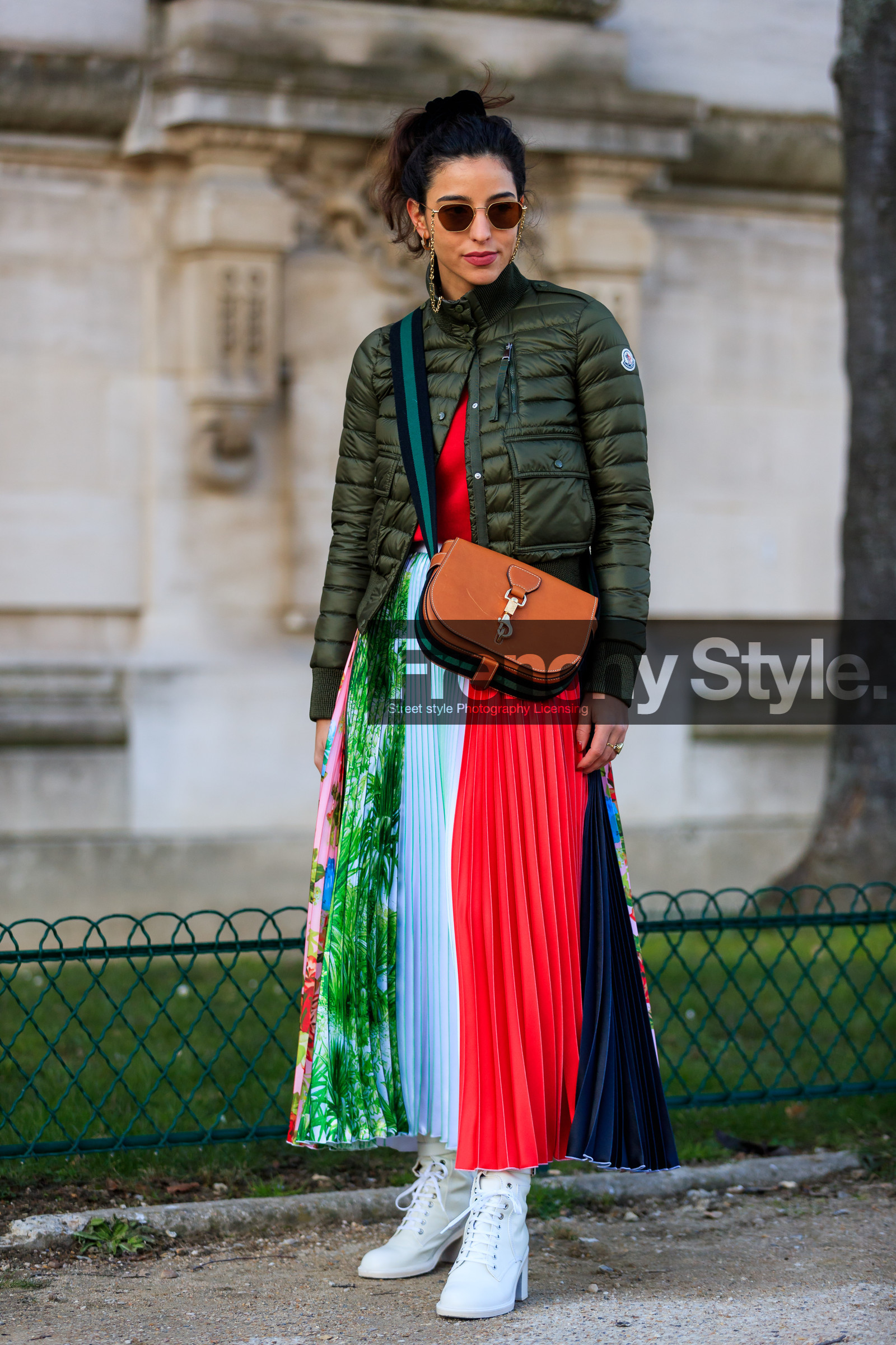 brown bag, down jacket, graphic skirt, green jacket, high heels, leather bag, leather shoes, moncler, multicolor skirt, pleated skirt, printed skirt, sunglasses, white boots, street style, jonathan paciullo, FW, frenchystyle, fashion week, PFW, PARIS, AUTUMN WINTER 2018-2019, FALL WINTER 2018-2019, FW 18-19, vertical, full length
