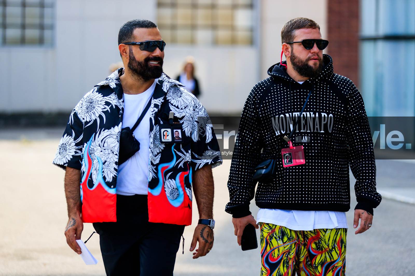 black and white, black bag, black pants, black sweater, fanny pack, graphic pants, graphic shirt, hoodie, prada, printed pants, printed shirt, printed shorts, printed sweater, sunglasses, trousers, white t shirt, yellow shorts, street style, jonathan paciullo, FW, frenchystyle, fashion week, MFW, MILAN, SPRING SUMMER 2019, SS 19, atmosphere details, horizontal, detail