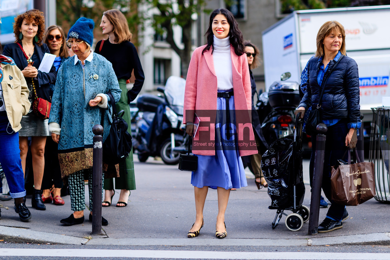 atmosphere details, black bag, black belt, caroline issa, fashion week, frenchystyle, full length, FW, horizontal, jonathan paciullo, leather bag, leather shoes, PARIS, PFW, pink coat, purple skirt, SPRING SUMMER 2017, SS 17, street style, turtleneck sweater, white sweater