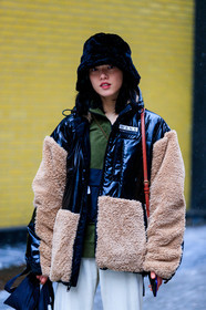alexander wang, beige jacket, black hat, black jacket, bucket hat, graphic jacket, green top, model, printed jacket, shearling, trousers, white pant, street style, jonathan paciullo, frenchystyle, NYFW, NEW YORK, AUTUMN WINTER 2019-2020, AW 19-20, FALL WINTER 2019-2020, FW 19-20, fashion week, FW, vertical, atmosphere details, detail