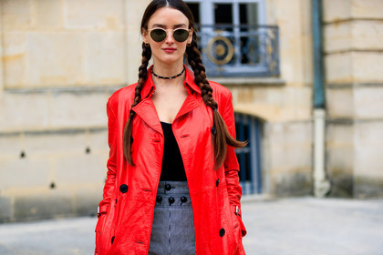 black top, braids, choker, graphic pants, leather coat, necklace, printed pants, red coat, striped pants, sunglasses, trousers, street style, jonathan paciullo, FW, frenchystyle, fashion week, PFW, PARIS, AUTUMN WINTER 2018-2019, FALL WINTER 2018-2019, FW 18-19, horizontal, atmosphere details