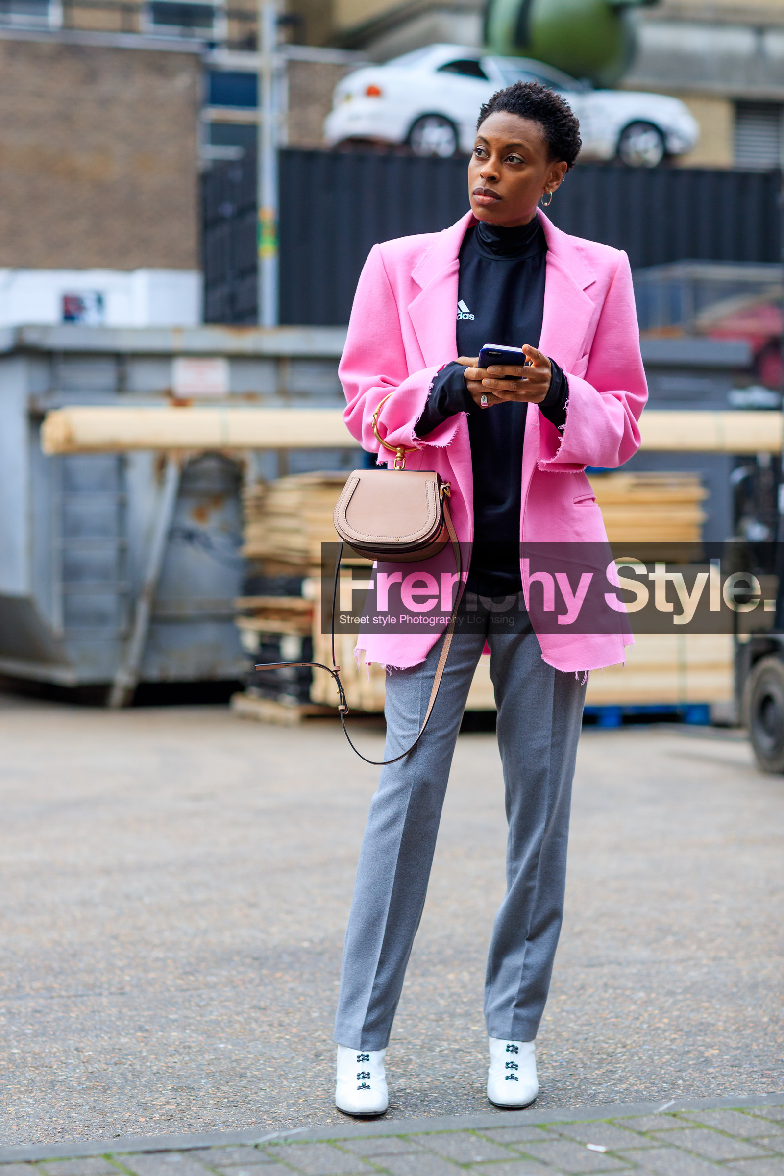 adidas, AUTUMN WINTER 2017-2018, AW 17-18, beige bag, black top, blazer, chloe, donna wallace, FALL WINTER 2017-2018, fashion week, frenchystyle, full length, FW, FW 17-18, golden details, grey pants, high heels, jonathan paciullo, leather bag, leather shoes, LFW, LONDON, pink jacket, street style, trousers, vertical, white boots
