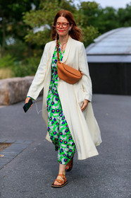 camel bag, camel sandals, christene barberich, floral, flowers, graphic dress, green dress, headphones, iphone, leather shoes, printed dress, red lips, simon miller, sunglasses, white coat, street style, jonathan paciullo, FW, frenchystyle, fashion week, NEW YORK, NYFW, SPRING SUMMER 2020, SS 20, vertical, full length