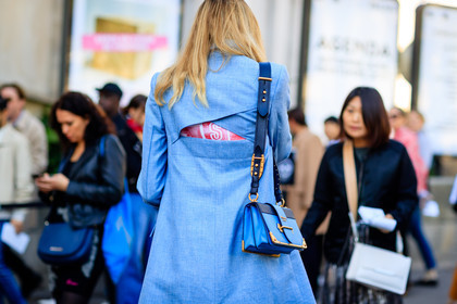 atmosphere details, back detail, blue bag, blue coat, detail, fashion week, frenchystyle, FW, horizontal, jonathan paciullo, leather bag, open back, overcoat, PARIS, PFW, prada, SPRING SUMMER 2017, SS 17, street style, veronika heilbrunner