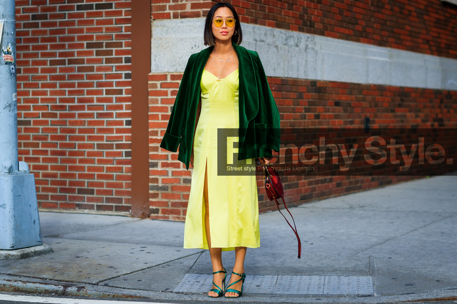 aimee song, atmosphere details, bordeaux, burgundy, chloé, fashion week, frenchystyle, full length, FW, green jacket, green shoes, high heels, horizontal, jonathan paciullo, leather bag, leather shoes, NEW YORK, NYFW, red bag, slip dress, SPRING SUMMER 2018, SS 18, street style, sunglasses, velvet, yellow dress