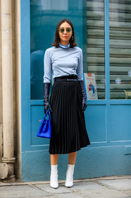 balenciaga, black gloves, blue bag, blue top, high heels, leather bag, leather gloves, leather shoes, pleated skirt, sunglasses, white boots, street style, jonathan paciullo, FW, frenchystyle, fashion week, PFW, PARIS, AUTUMN WINTER 2018-2019, FALL WINTER 2018-2019, FW 18-19, vertical, full length, jiyoung kim