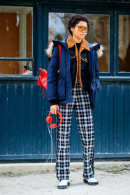 black and white, blue denim, blue jacket, checked, checked pants, denim jacket, graphic pants, headphones, leather bag, leather shoes, plaid, printed pants, red bag, shearling, sunglasses, trousers, street style, jonathan paciullo, FW, frenchystyle, fashion week, PFW, PARIS, AUTUMN WINTER 2018-2019, FALL WINTER 2018-2019, FW 18-19, vertical, full length, model