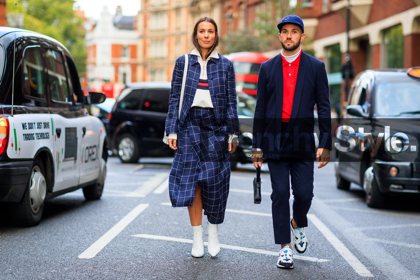 alice & j.s, atmosphere details, black jacket, black pants, blazer, blue cap, blue jacket, blue skirt, checked jacket, checked skirt, fashion week, frenchystyle, full length, FW, graphic jacket, graphic skirt, gucci, high heels, horizontal, jonathan paciullo, leather bag, leather shoes, LFW, LONDON, plaid, printed jacket, printed skirt, red sweater, SPRING SUMMER 2018, SS 18, street style, trousers, white bag, white boots, white sneakers, white sweater