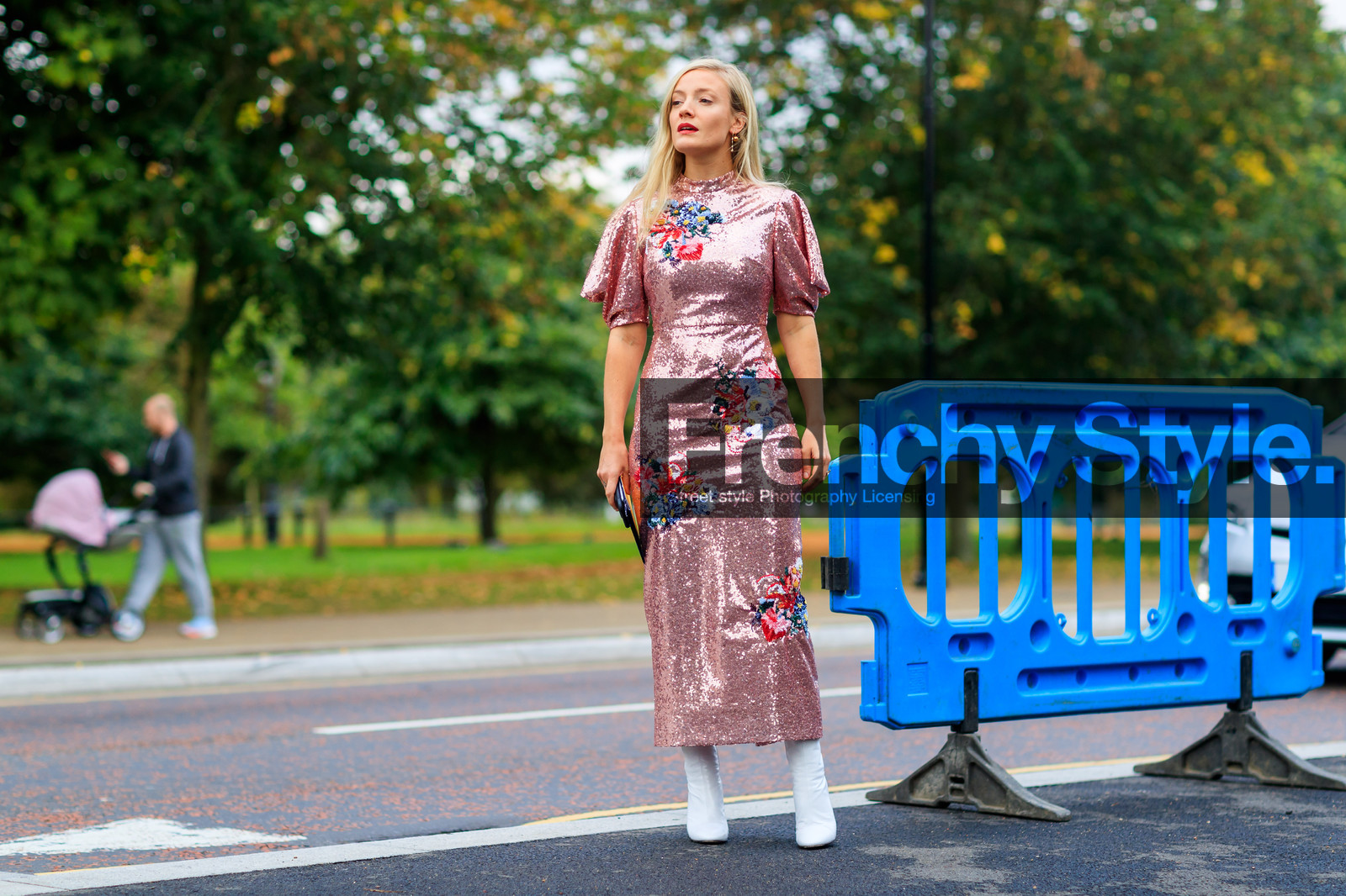 atmosphere details, fashion week, floral, flowers, frenchystyle, full length, FW, glitter, graphic dress, high heels, horizontal, jonathan paciullo, kate foley, leather shoes, LFW, LONDON, pink dress, printed dress, sequined, sequined dress, shiny, shiny dress, SPRING SUMMER 2018, SS 18, street style, white boots
