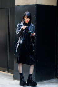 black dress, black jacket, black perfecto, black shoes, high heels, leather jacket, leather perfecto, leather shoes, red lips, tights, tone on tone, total look black, velvet, street style, jonathan paciullo, FW, frenchystyle, fashion week, NYFW, NEW YORK, AUTUMN WINTER 2018-2019, AW 18-19, FALL WINTER 2018-2019, FW 18-19, vertical, full length, model, sora choi