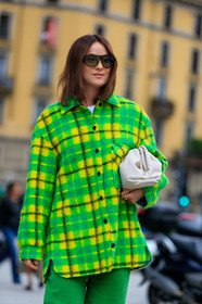 lena lademann, green total look, green pants, green jacket, checked jacket, checked shirt, yellow shirt, corduroy pants, futurist shape sunglasses, bottega veneta bag, white leather clutch, fashion week, frenchystyle, FW, jonathan paciullo, street style, vertical, atmosphere details, detail, MFW, MILAN, SPRING SUMMER 2020, SS 20