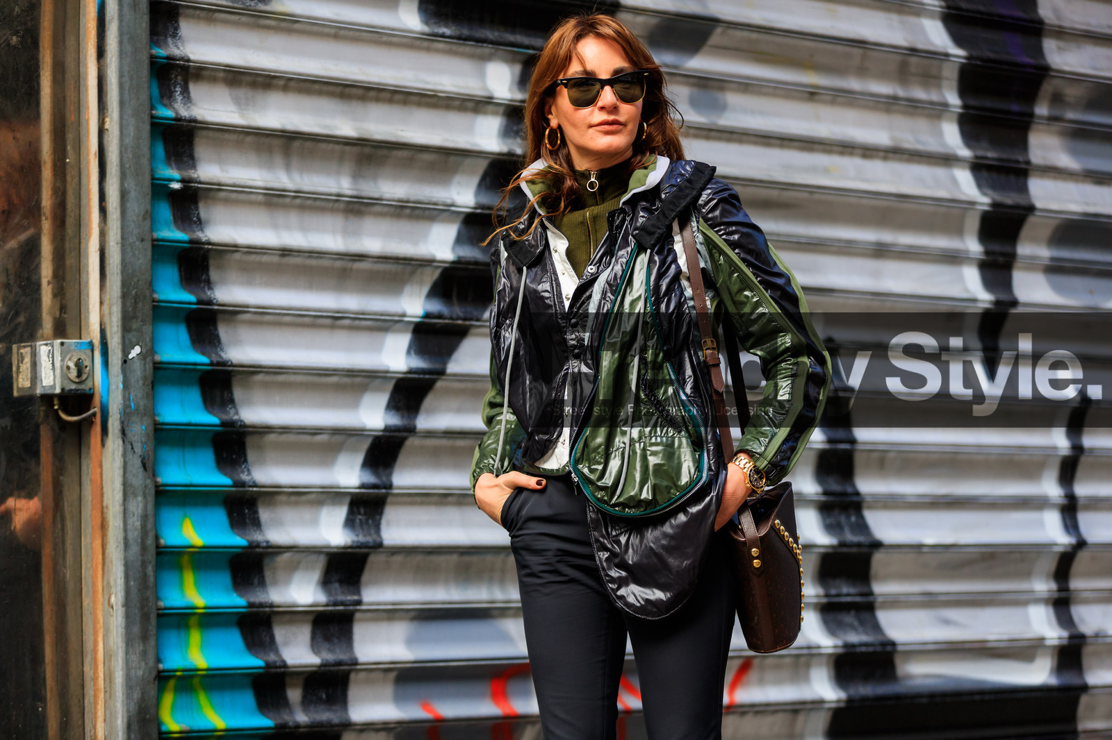 black bag, black pants, brown bag, graphic jacket, green jacket, leather bag, printed jacket, rain jacket, saint laurent paris, sunglasses, trousers, street style, jonathan paciullo, FW, frenchystyle, fashion week, PFW, PARIS, AUTUMN WINTER 2018-2019, FALL WINTER 2018-2019, FW 18-19, horizontal, atmosphere details, portrait, ece sukan