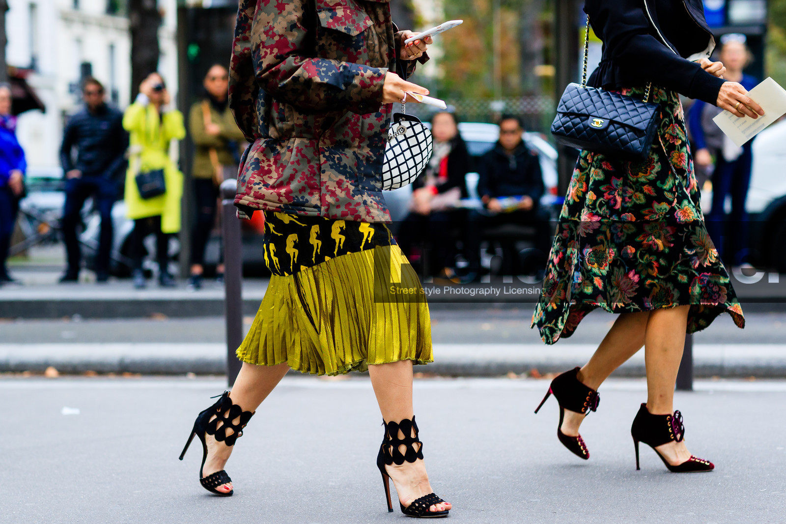 atmosphere details, azzedine alaïa, black and white bag, black bag, black shoes, bordeaux, brown jacket, burgundy, camo jacket, camouflage, chanel, checked bag, detail, fashion week, floral, flower, frenchystyle, FW, graphic bag, high heels, horizontal, jonathan paciullo, leather bag, leather shoes, military jacket, PARIS, PFW, plaid, pleats, printed jacket, printed skirt, red shoes, SPRING SUMMER 2017, SS 17, street style, striped bag, velvet, yellow skirt