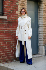 blue denim, blue pants, denim pants, jeans, sunglasses, trousers, turtleneck sweater, white coat, white sweater, street style, jonathan paciullo, FW, frenchystyle, fashion week, NEW YORK, NYFW, SPRING SUMMER 2020, SS 20, vertical, full length