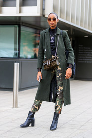 black shoes, black t shirt, camo pants, camouflage, graphic bag, graphic pants, green bag, green coat, green pants, gucci, high heels, leather shoes, printed bag, printed pants, sunglasses, trousers, velvet, street style, jonathan paciullo, FW, frenchystyle, fashion week, LFW, LONDON, AUTUMN WINTER 2018-2019, AW 18-19, FALL WINTER 2018-2019, FW 18-19, vertical, full length, model
