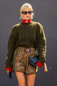 black bag, black sunglasses, boots, Caroline Daur, etro look, high boots, high waist short, khaki knit, knit, knitted sweater, black pouch, print, printed shirt, red top, short, sunglasses, turtleneck, pouch, bag, fashion week, frenchystyle, FW, jonathan paciullo, street style, MFW, MILAN, SPRING SUMMER 2022, SS 22, vertical, atmosphere details, detail