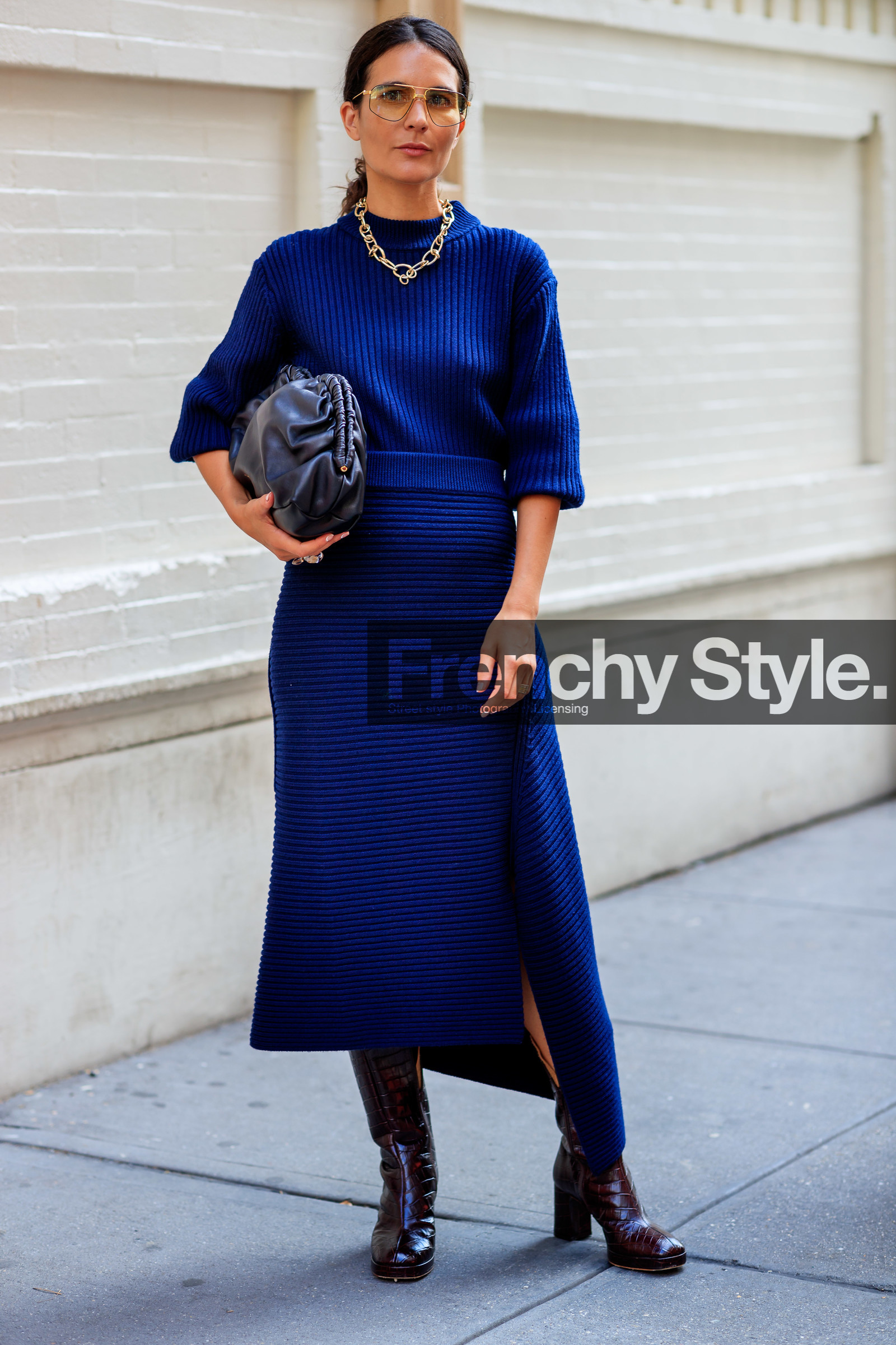 black bag, blue skirt, blue sweater, brown boots, high heels, leather bag, leather shoes, mansur gabriel, necklace, sunglasses, street style, jonathan paciullo, FW, frenchystyle, fashion week, NEW YORK, NYFW, SPRING SUMMER 2020, SS 20, vertical, full length