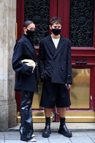 alice barbier, alice & j.s, JS roques, black leather pants, black leather boots, black leather belt, animal skin pants, flare pants, belted jacket, turtleneck pullover, black pullover, low necked jacket, low necked pullover, openwork pullover, white leather clutch, white leather boots, oversize jacket, black jacket, black bermuda shorts, black socks, supreme socks, low boots, flat boots, big sole boots, covid face mask, fashion week, frenchystyle, FW, jonathan paciullo, street style, PFW, PARIS, SPRING SUMMER 2021, SS 21, vertical, full length