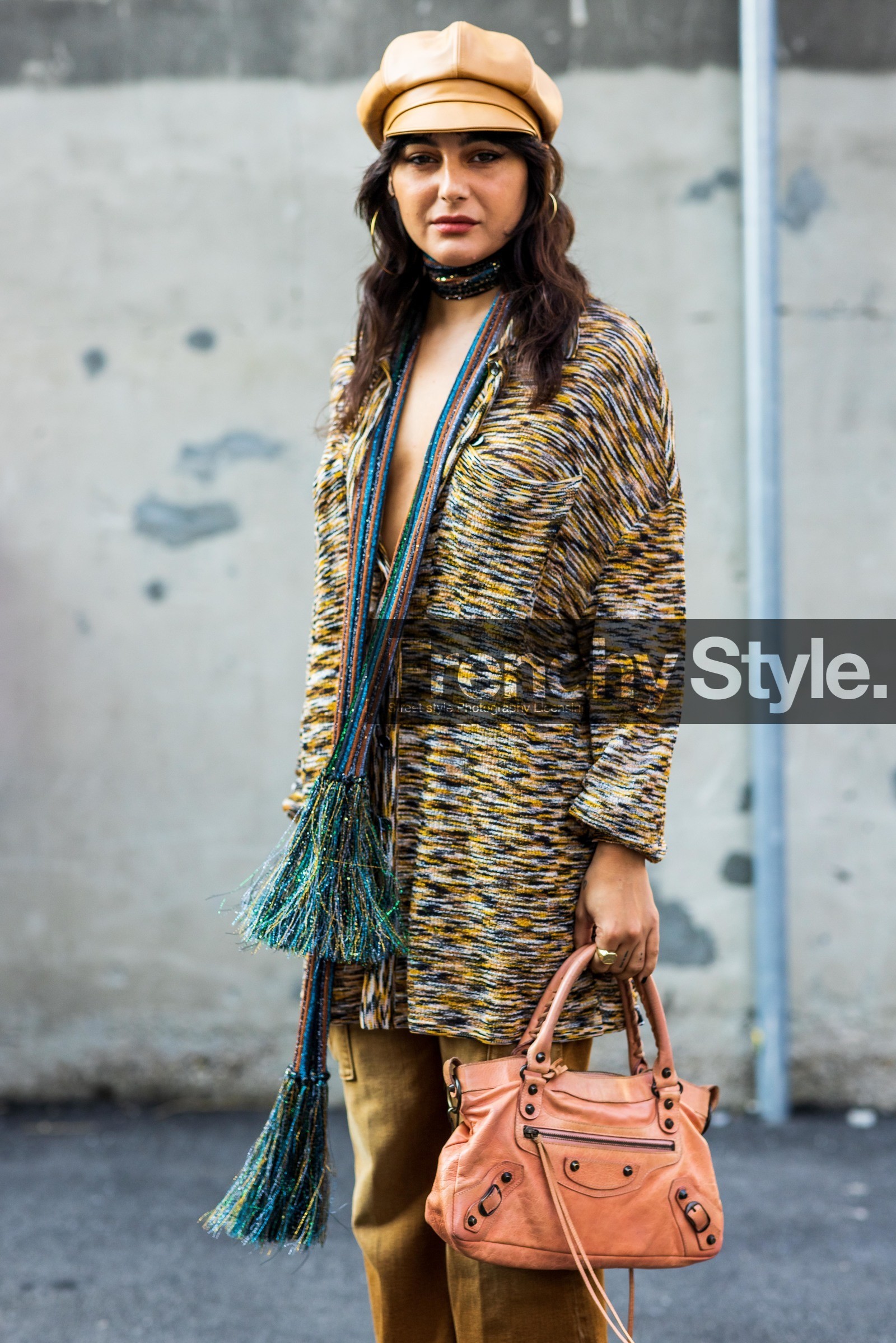 balenciaga bag, camel cap, camel pants, cap, color, colored scarf, fringes, leather bag, leather cap, lurex, Maria Bernad, missoni look, orange bag, printed shirt, scarf, striped scarf, striped shirt, stripes, yellow shirt, fashion week, frenchystyle, FW, jonathan paciullo, street style, SPRING SUMMER 2022, SS 22, MFW, MILAN, vertical, atmosphere details