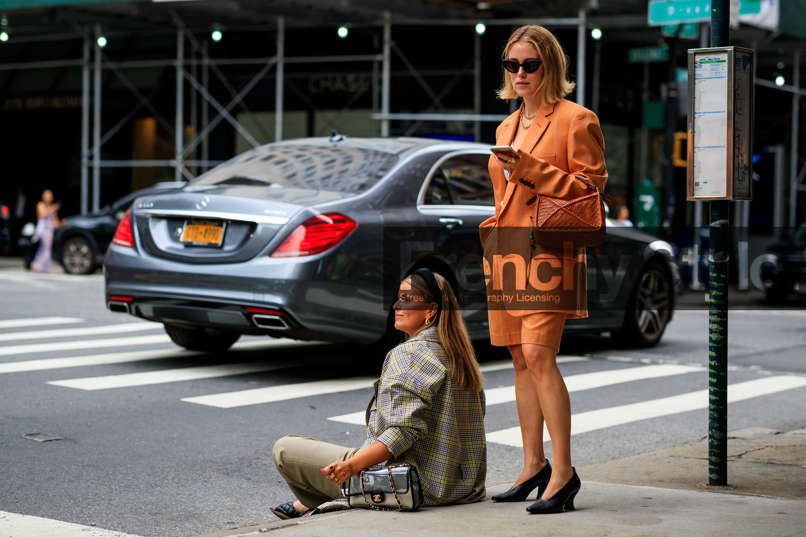 Annabel Rosendahl, beige pants, beige top, black shoes, blazer, bottega veneta, brown bag, chanel handbag, checked, gingham, graphic jacket, headband, high heels, high waist, iphone, janka polliani, leather bag, leather shoes, loewe, necklace, orange jacket, orange shorts, oversize, plaid, printed jacket, rings, stripes, sunglasses, transparent bag, trench coat, trousers, street style, jonathan paciullo, FW, frenchystyle, fashion week, NEW YORK, NYFW, SPRING SUMMER 2020, SS 20, horizontal, atmosphere details, full length