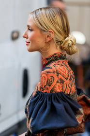leonie hanne, close up detail, dior earrings, hoop earrings, golden earrings, etro dress, half shoulder dress, printed dress, cachemere printed dress, red dress, orange dress, black dress, bun, high collar dress, fashion week, frenchystyle, FW, jonathan paciullo, street style, vertical, atmosphere details, detail, MFW, MILAN, SPRING SUMMER 2020, SS 20