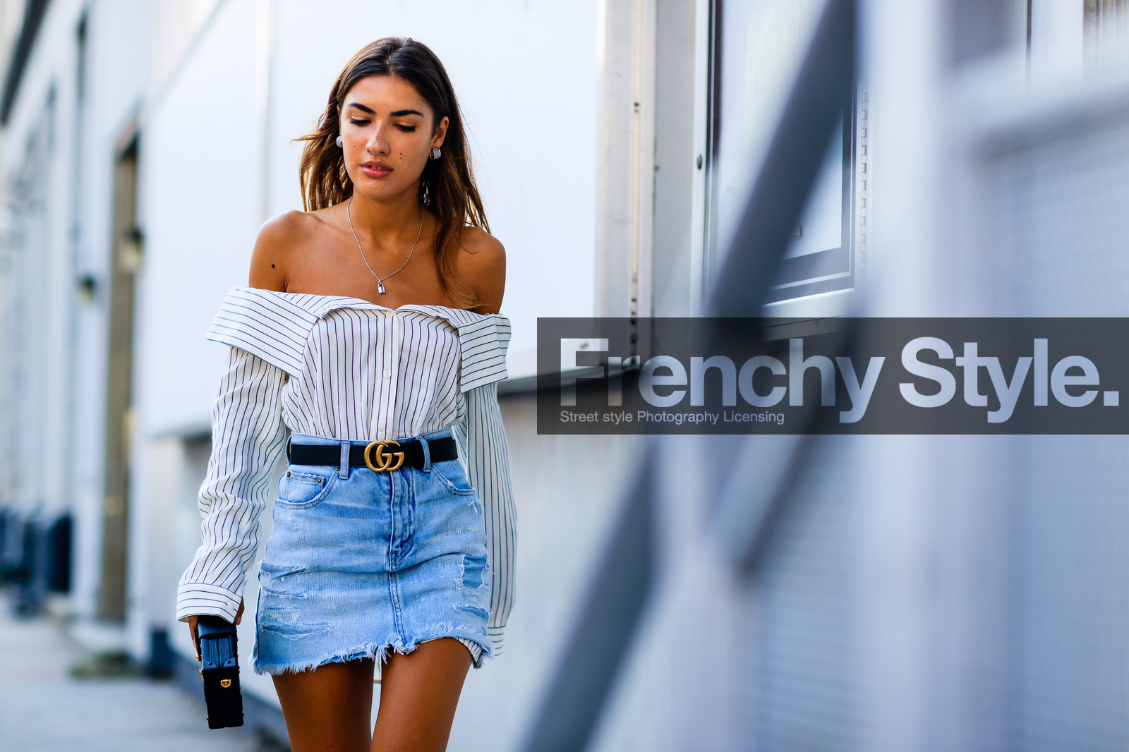 atmosphere details, black bag, black belt, blue denim, bustier top, denim skirt, detail, fashion week, frenchystyle, FW, gucci, horizontal, jonathan paciullo, leather belt, leather clutch, louis vuitton, NEW YORK, NYFW, off the shoulder, patricia manfield, SPRING SUMMER 2017, SS 17, street style, striped shirt, stripes, white shirt, woman