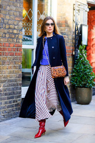 animal print, black coat, blue shirt, brown bag, graphic bag, graphic shirt, graphic skirt, high heels, leather bag, leather shoes, leopard, printed bag, printed shirt, printed skirt, red boots, striped shirt, striped skirt, sunglasses, tory burch, street style, jonathan paciullo, FW, frenchystyle, fashion week, LFW, LONDON, AUTUMN WINTER 2018-2019, AW 18-19, FALL WINTER 2018-2019, FW 18-19, vertical, full length