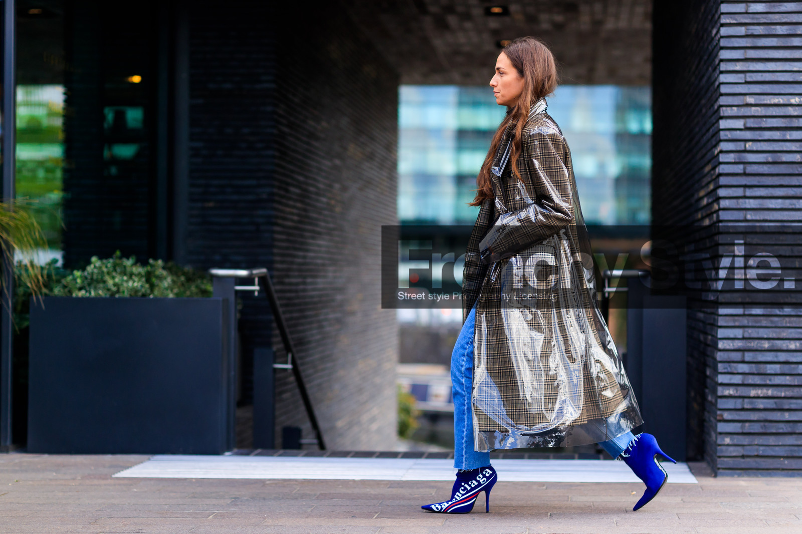 atmosphere details, balenciaga, blue boots, blue denim, checked jacket, denim pants, erika boldrin, fashion week, frenchystyle, full length, FW, graphic jacket, high heels, horizontal, jeans, jonathan paciullo, leather shoes, LFW, LONDON, plaid, printed jacket, printed shoes, raincoat, SPRING SUMMER 2018, SS 18, street style, trousers