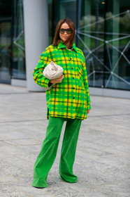 lena lademann, green total look, green pants, green jacket, checked jacket, checked shirt, yellow shirt, corduroy pants, futurist shape sunglasses, bottega veneta bag, white leather clutch, fashion week, frenchystyle, FW, jonathan paciullo, street style, vertical, full length, MFW, MILAN, SPRING SUMMER 2020, SS 20