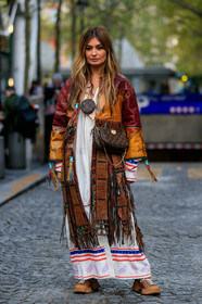 ethnic jacket, camel leather jacket, burgundy leather jacket, fringe jacket, long jacket, louis vuitton bag, monogrammed bag, crossbody bag, mini bag, round shape bag, white dress, long dress, embroidered dress, camel suede shoes, laced shoes, hiking boots, fashion week, frenchystyle, FW, jonathan paciullo, street style, SPRING SUMMER 2020, SS 20, PFW, PARIS, vertical, full length