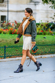 green leather jacket, green leather bombers, fur collar jacket, fur jacket, white dress, silk dress, high collar dress, strassed dress, brocart dress, mini dress, mini bag, chloe bag, golden buckle bag, green leather bag, camel leather bag, animal skin bag, animal skin boots, brown leather boots, multi buckle boots, laced boots, fashion week, frenchystyle, FW, jonathan paciullo, street style, SPRING SUMMER 2020, SS 20, PFW, PARIS, vertical, full length