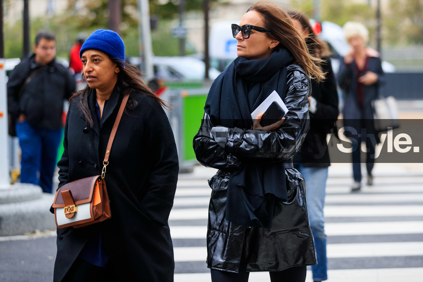 blue hat, black polish parka, celine sunglasses, black scarf, black sunglasses, brown leather bag, crossbody bag, camel leather bag, golden buckle bag, louis vuitton bag, fashion week, frenchystyle, FW, jonathan paciullo, street style, SPRING SUMMER 2020, SS 20, PFW, PARIS, horizontal, atmosphere details, detail