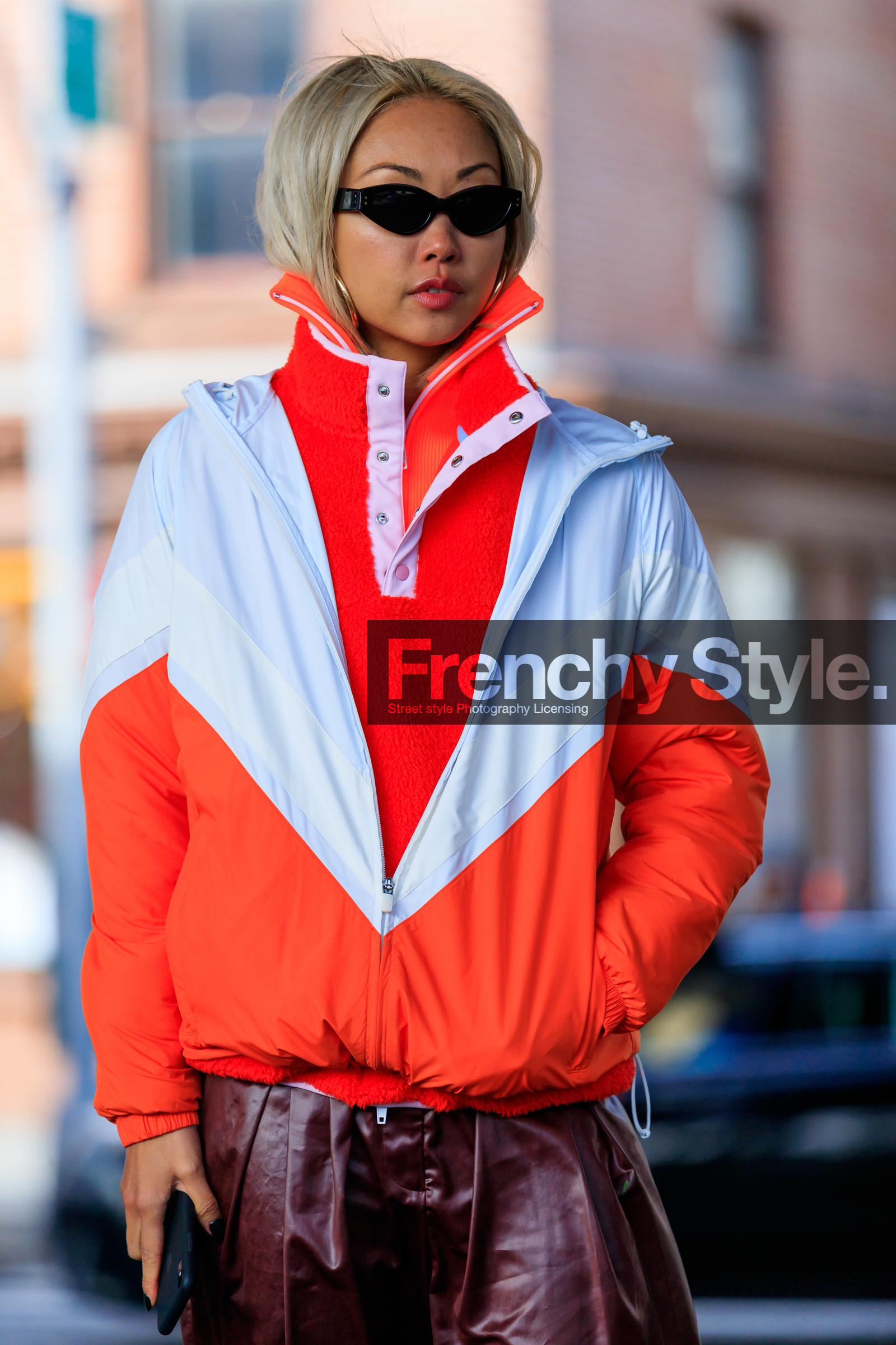 bordeaux, burgundy, graphic jacket, leather pants, printed jacket, red jacket, red pants, sportswear, streetwear, sunglasses, trousers, vanessa hong, street style, jonathan paciullo, frenchystyle, NYFW, NEW YORK, AUTUMN WINTER 2019-2020, AW 19-20, FALL WINTER 2019-2020, FW 19-20, fashion week, FW, vertical, atmosphere details, detail