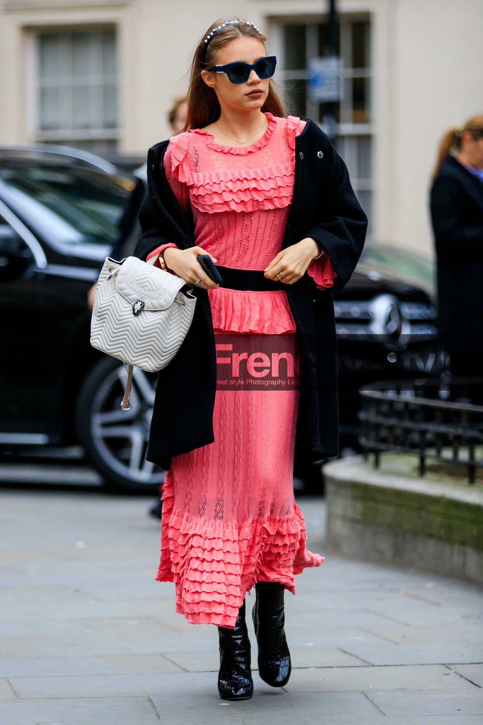 black jacket, black shoes, bulgari, headband, high heels, leather bag, leather shoes, pink dress, ruffles, sunglasses, varnished leather shoes, white bag, xenia adonts, LONDON, LFW, fashion week, frenchystyle, FW, jonathan paciullo, street style, AUTUMN WINTER 2019-2020, AW 19-20, FW 19-20, FALL WINTER 2019-2020, vertical, full length