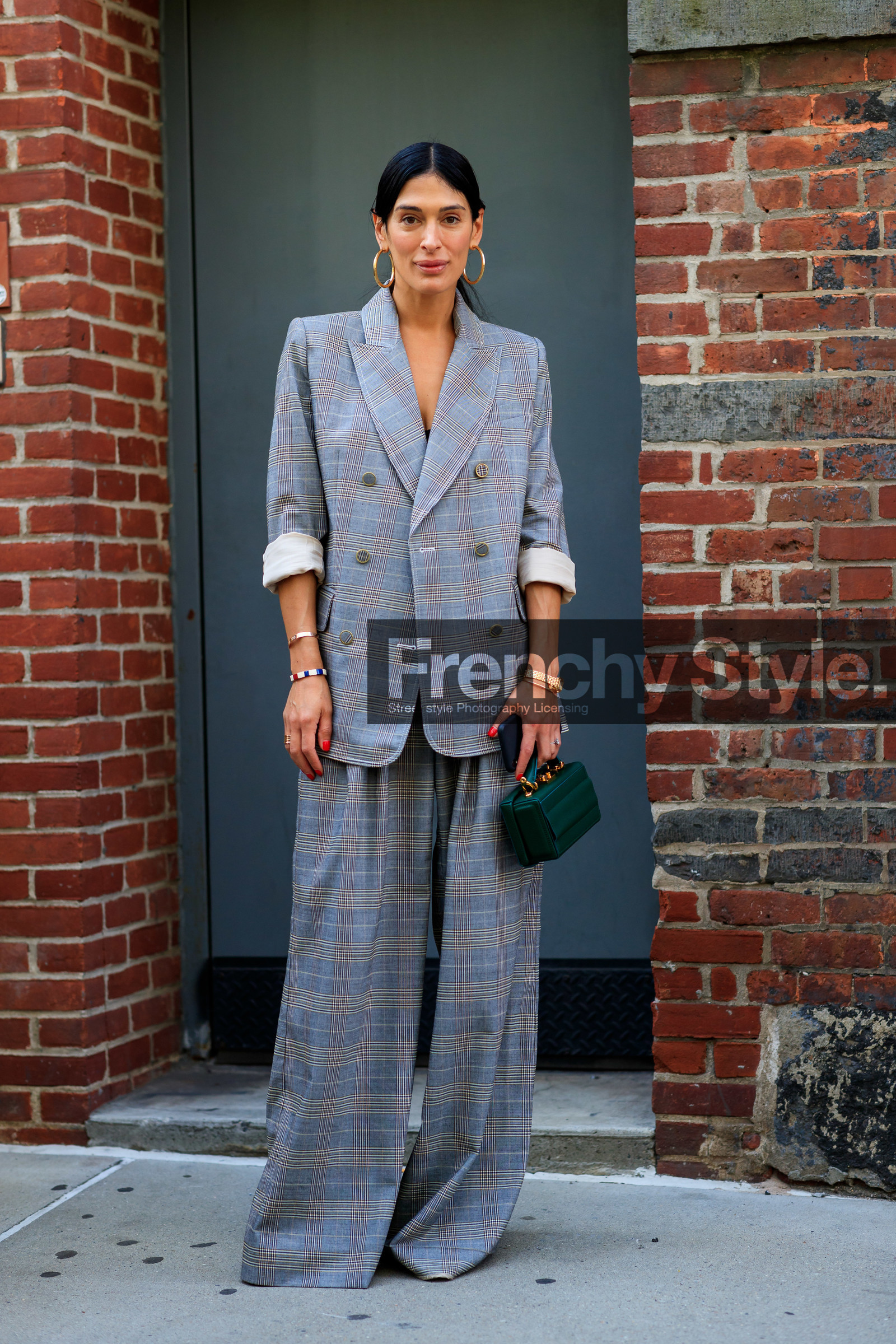blazer, bracelet, checked, earrings, emerald, graphic jacket, graphic pants, green bag, grey jacket, grey pants, grey suit, plaid, printed jacket, printed pants, tartan, trousers, watch, street style, jonathan paciullo, FW, frenchystyle, fashion week, NEW YORK, NYFW, SPRING SUMMER 2020, SS 20, vertical, full length