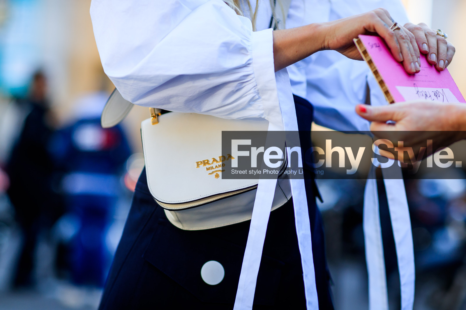 atmosphere details, black and white, detail, fashion week, frenchystyle, FW, horizontal, jonathan paciullo, kate foley, leather bag, navy skirt, PARIS, PFW, prada, SPRING SUMMER 2017, SS 17, street style, white bag, white shirt
