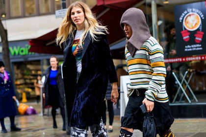 black shorts, blue coat, brown hat, graphic sweater, printed sweater, stripes, velvet, veronika heilbrunner, white sweater, white t shirt, LONDON, LFW, fashion week, frenchystyle, FW, jonathan paciullo, street style, AUTUMN WINTER 2019-2020, AW 19-20, FW 19-20, FALL WINTER 2019-2020, horizontal, atmosphere details, detail