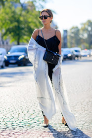 beige shoes, black and white, black bag, black pants, black top, chanel, fashion week, frenchystyle, full length, FW, jonathan paciullo, leather bag, leather shoes, PARIS, PFW, printed scarf, SPRING SUMMER 2017, SS 17, street style, sunglasses, sylvia haghjoo, trousers, vertical, white scarf