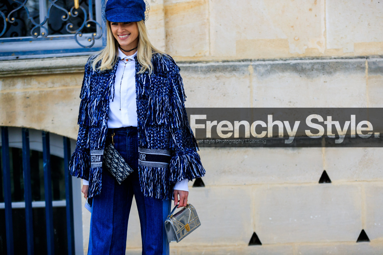 blue denim, blue jacket, christian dior, denim hat, denim pants, graphic bag, graphic jacket, jeans, leather bag, monogram, printed bag, printed jacket, satin stitch, shiny bag, silver bag, trousers, tweed jacket, white shirt, fashion week, frenchystyle, FW, jonathan paciullo, street style, PFW, PARIS, AUTUMN WINTER 2018-2019, FALL WINTER 2018-2019, FW 18-19, horizontal, atmosphere details, helena bordon
