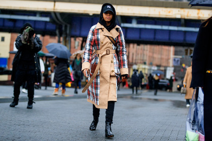 black cap, black shoes, black sweater, burberry, checked, checked coat, graphic jacket, hoodie, leather shoes, plaid, printed jacket, tartan, trench coat, street style, jonathan paciullo, FW, frenchystyle, fashion week, NYFW, NEW YORK, AUTUMN WINTER 2018-2019, AW 18-19, FALL WINTER 2018-2019, FW 18-19, atmosphere details, horizontal, full length, jan-michael quammie