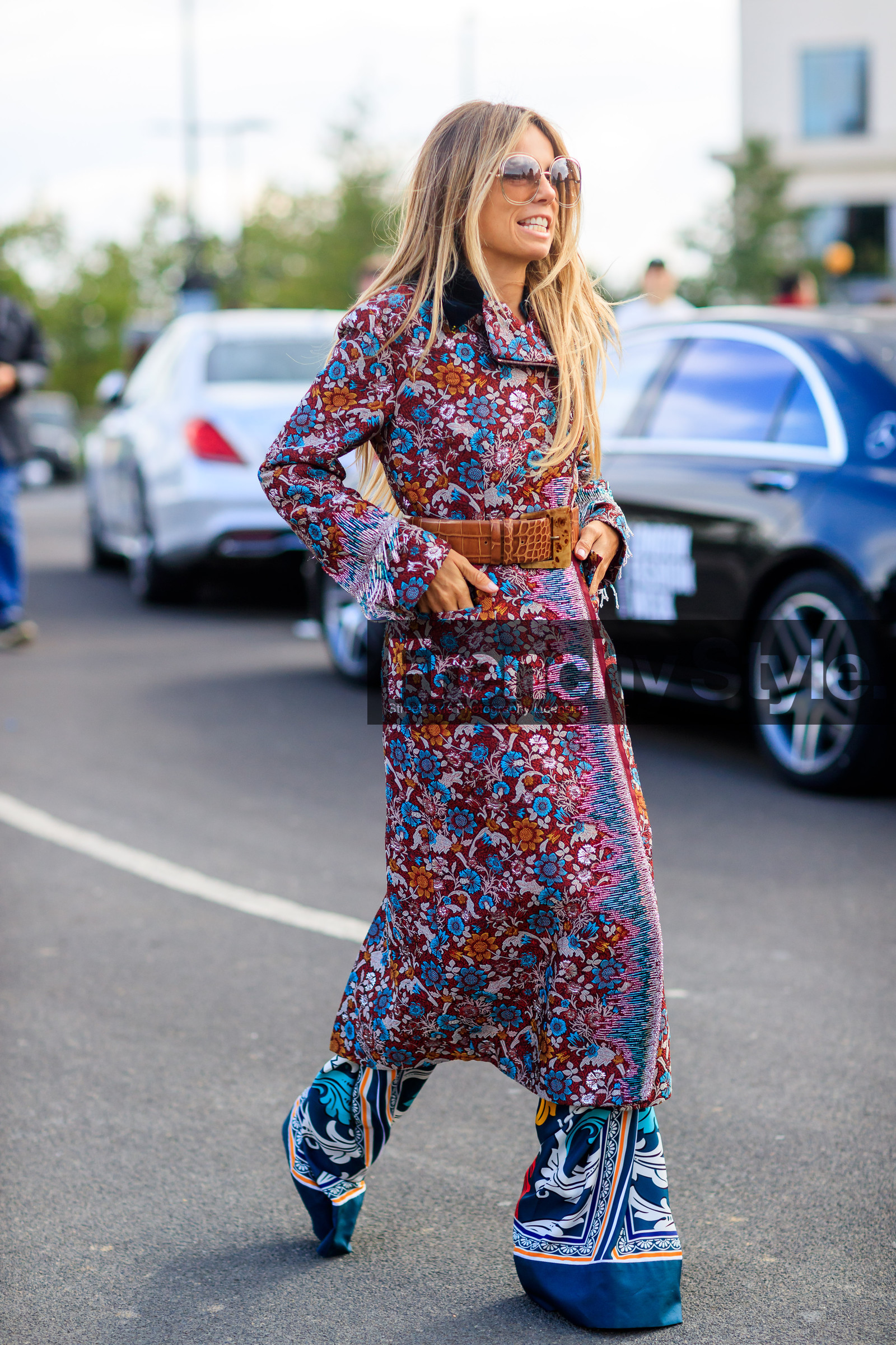 blue pants, brown belt, embroidered coat, erica pelosini, fashion week, floral, flowers, frenchystyle, full length, FW, graphic pants, jonathan paciullo, leather belt, LFW, LONDON, multicolor jacket, printed coat, printed pants, SPRING SUMMER 2018, SS 18, street style, trousers, vertical