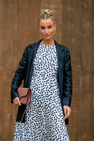 dior bag, dior earrings, black leather jacket, burgundy bag, monogrammed bag, white dress, polka dots dress, hoop earrings, golden earrings, fashion week, frenchystyle, FW, jonathan paciullo, street style, SPRING SUMMER 2020, SS 20, PFW, PARIS, vertical, atmosphere details, detail