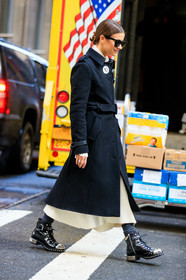 black coat, black shoes, knit dress, leather shoes, studs, sunglasses, white dress, street style, jonathan paciullo, frenchystyle, NYFW, NEW YORK, AUTUMN WINTER 2019-2020, AW 19-20, FALL WINTER 2019-2020, FW 19-20, fashion week, FW, vertical, full length