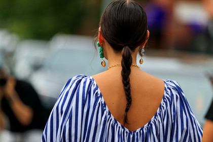 blue dress, braids, earrings, graphic dress, printed dress, rachael wang, striped dress, street style, jonathan paciullo, FW, frenchystyle, fashion week, NEW YORK, NYFW, SPRING SUMMER 2020, SS 20, horizontal, atmosphere details, detail