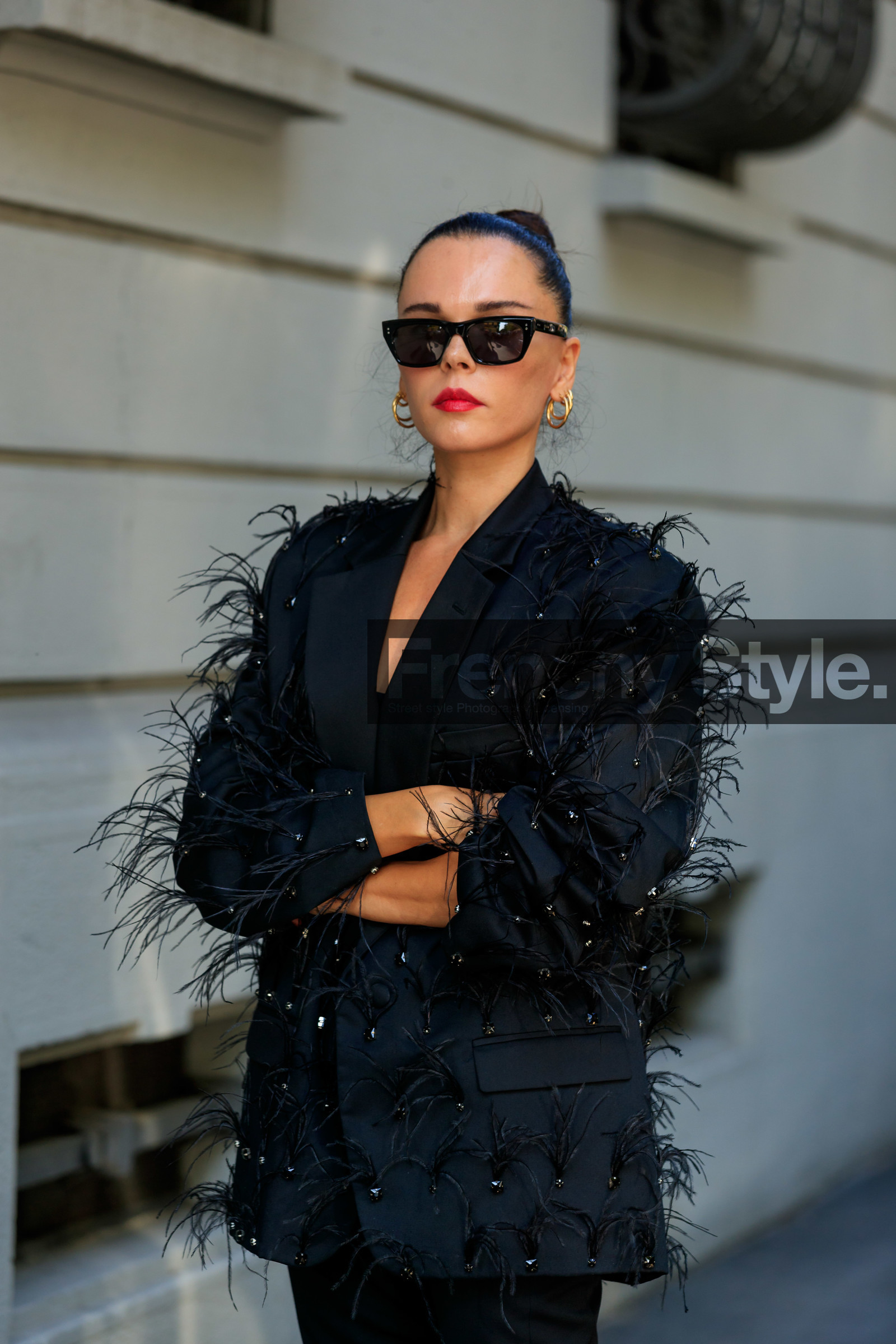 evangelie smyrniotaki, celine sunglasses, hoop earrings, multi earrings, golden earrings, black jacket, feather details, feather details jacket, strassed jacket, fashion week, frenchystyle, FW, jonathan paciullo, street style, vertical, atmosphere details, detail, MFW, MILAN, SPRING SUMMER 2020, SS 20