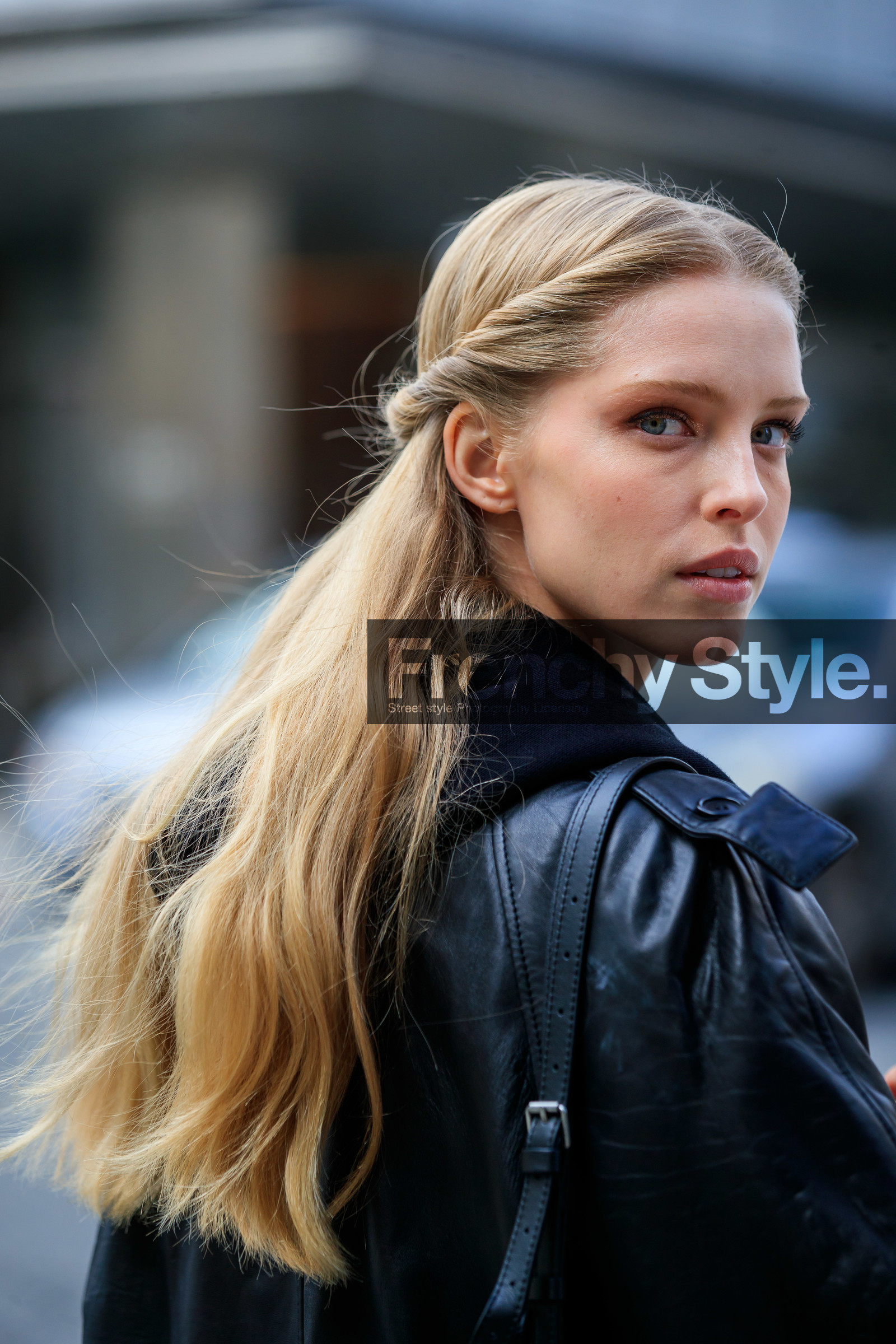 model, close up detail, nude make up, hair details, plaited hair, black leather jacket, black sweatshirt, make up, make up details, fashion week, frenchystyle, FW, jonathan paciullo, street style, NYFW, NEW YORK, AUTUMN WINTER 2020-2021, FALL WINTER 2020-2021, FW 20-21, vertical, portrait, detail, atmosphere details