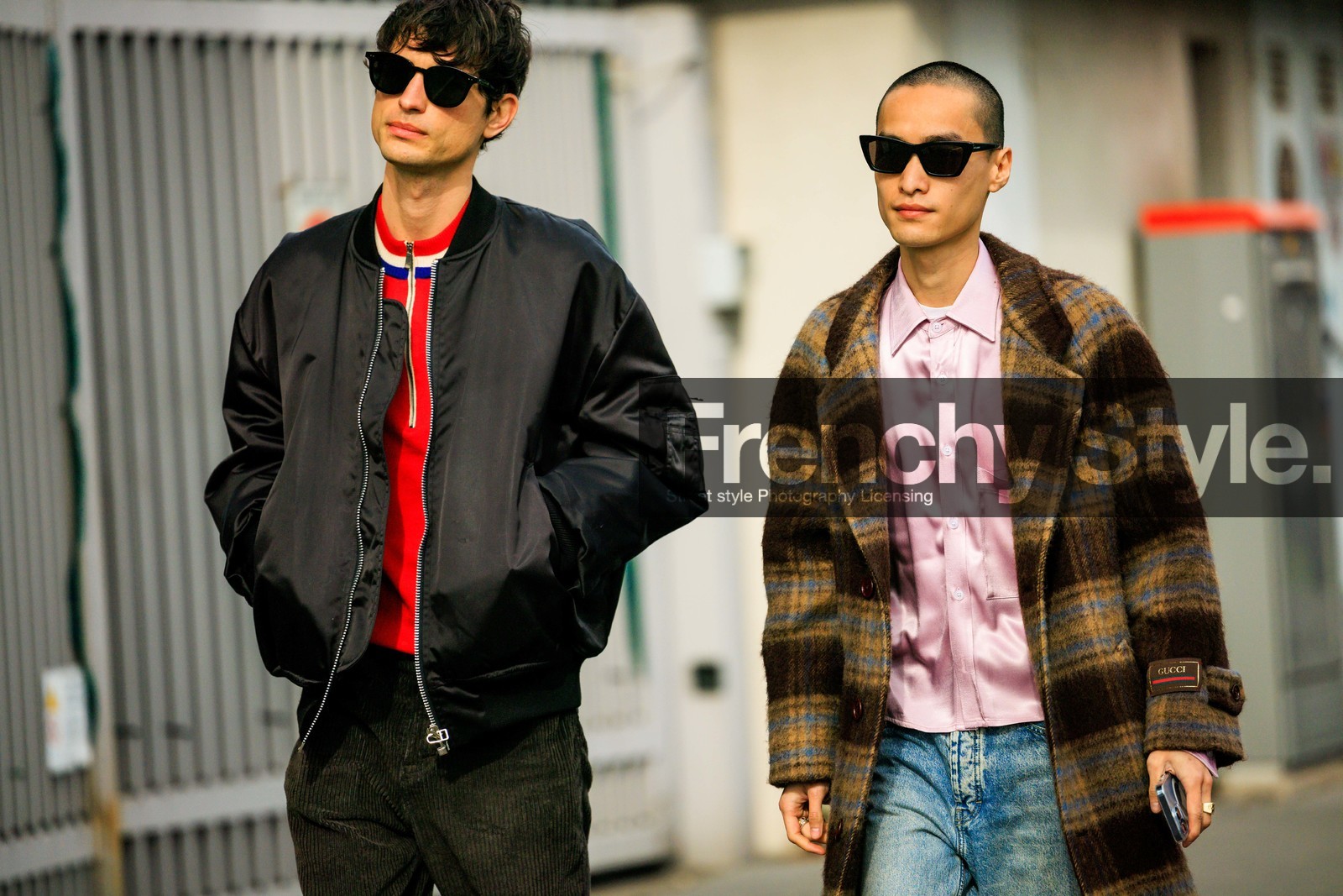 bomber jacket, black jacket, menswear, baggy pants, corduroy pants, red zipped top, black sunglasses, plaid coat, wool coat, brown coat, mini pink skirt, silk shirt, jeans, baggy jeans, close up, street style, jonathan paciullo, FW, frenchystyle, fashion week, MFW, MILAN, FALL WINTER 2022_2023, AUTUMN WINTER 2022-2023, FW 22-23, horizontal, atmosphere details