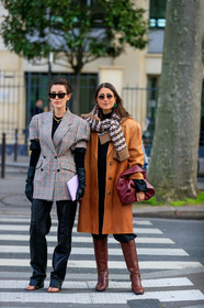 sylvia haghjoo, julia haghjoo, camel leather jacket, burgundy leather bag, round shape bag, bottega veneta bag, round shape sunglasses, sheer sunglasses, beige pullover, beige scarf, checked scarf, checked pullover, white pullover, white scarf, black pullover, black scarf, woolen scarf, green earrings, red earring, round shape earrings, different earrings, grey jacket, red jacket, black leather pants, black leather gloves, short sleeves jacket, oversize shoulder, miu miu jacket, checked jacket, plaid jacket, black sunglasses, butterfly sunglasses, saint laurent sunglasses, golden necklace, charms necklace, fashion week, frenchystyle, FW, jonathan paciullo, street style, PFW, PARIS, vertical, full length