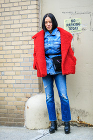 black bag, black shoes, blue denim, chloé, denim jacket, denim pants, high heels, jeans, leather bag, leather shoes, red jacket, suede bag, trousers, street style, jonathan paciullo, FW, frenchystyle, fashion week, NYFW, NEW YORK, AUTUMN WINTER 2018-2019, AW 18-19, FALL WINTER 2018-2019, FW 18-19, vertical, full length, Tiffany Hsu