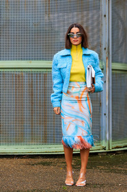 camila coelho, white sunglasses, mirror sunglasses, futurist shape sunglasses, yellow pullover, zipped pullover, turtleneck pullover, light blue jacket, woolen jacket, light blue skirt, mid long skirt, fringe skirt, tight skirt, orange skirt, white skirt, white leather clutch, margiela bag, sheer sandals, feather details skirt, margiela sunglasses, fashion week, frenchystyle, FW, jonathan paciullo, street style, SPRING SUMMER 2020, SS 20, PFW, PARIS, vertical, full length
